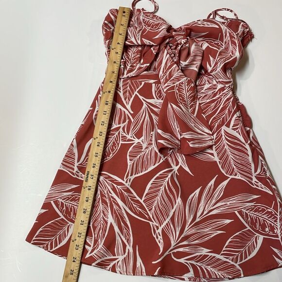 Favlux Women’s Rust Red White Tropical Leaf Print Tie Front Mini Dress Sz S - Picture 6 of 8